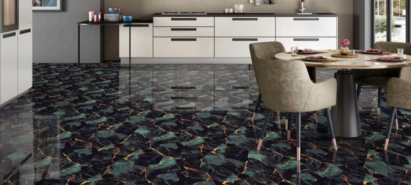 Dining room with black, teal and gold designer floor